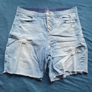 Light Wash Distressed Ripped Denim Shorts High Waist Bermuda